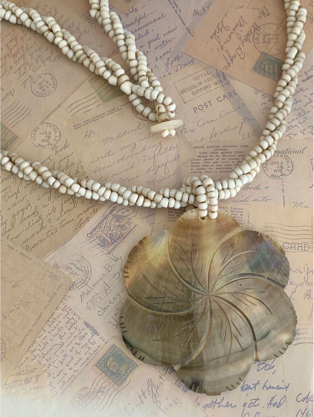 Vintage Carved Shell Tropical / Artisan Flower & Twisted Bead Statement Necklace